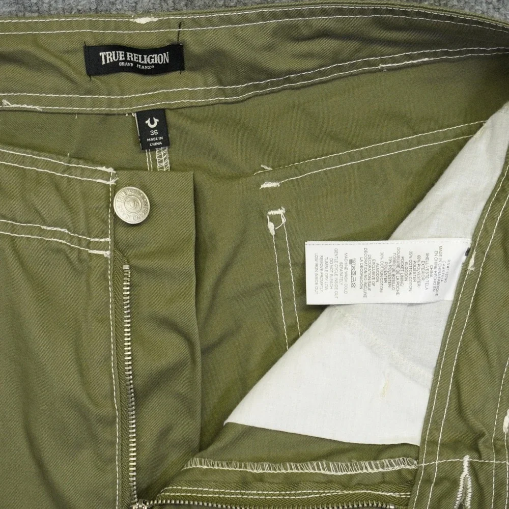 NEW True Religion Cargo Pants Mens 36 Green Contrast Stitch Straight Leg